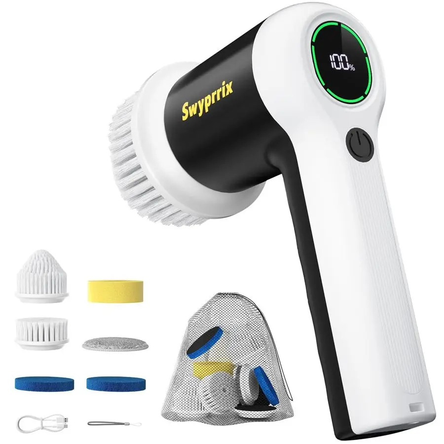 Szczotka do czyszczenia łazienki, bezprzewodowa szczotka obrotowa, w pełni wodoodporna IPX7 z 6 wymiennymi główkami do czyszczenia wanny, kuchni i okien.