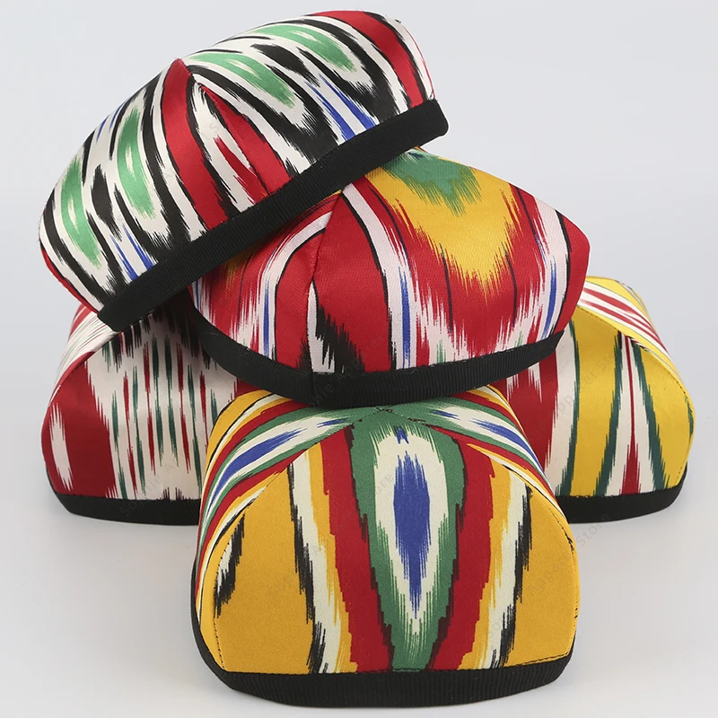

Uzbekistan Traditional Do'ppi Cap - Silk Ikat Pattern Tubeteika Hat - Central Asian Ethnic Square Skullcap for Men/Women