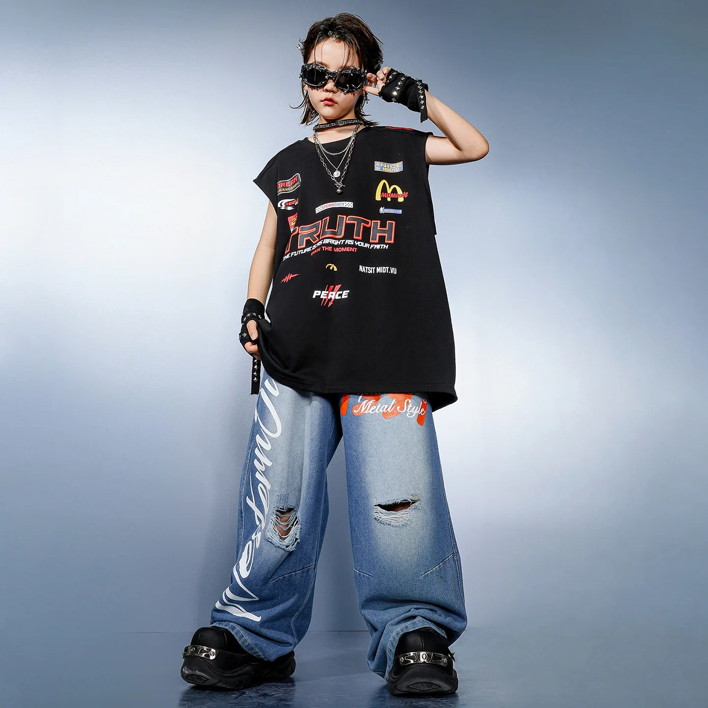 Enfant Kpop Hip Hop vêtements noir imprimé Long débardeur Denim bleu décontracté déchiré jean pantalon pour fille garçon danse porter Costume vêtements