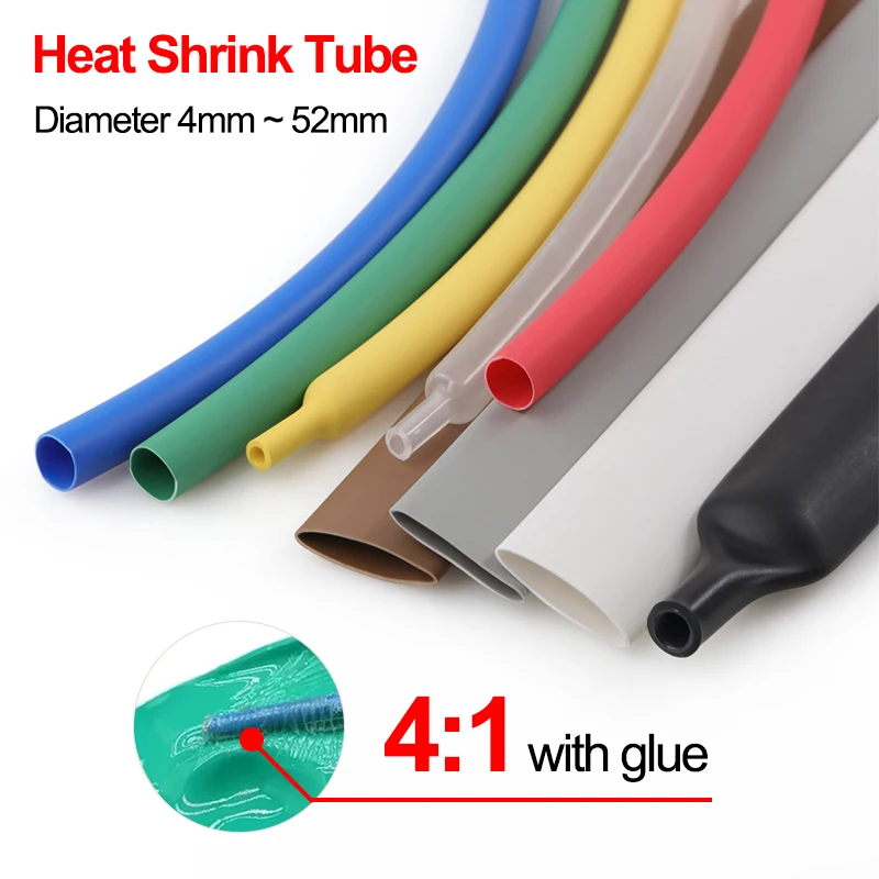 1/5m 4:1 Schrumpfschlauch mit Klebstoff, Durchmesser 4mm ~ 52mm, Polyolefin-Doppelwand, wasserdichte Kabelreparatur-Isolierhülle