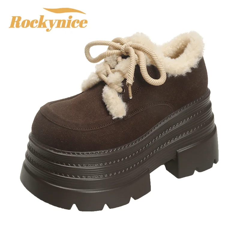 

New 2024 Winter Women Warm Cotton Snow Shoes Fashion 10CM High Platform Sneakers Thick Heels Suede Leather Ladies Plush Pumps