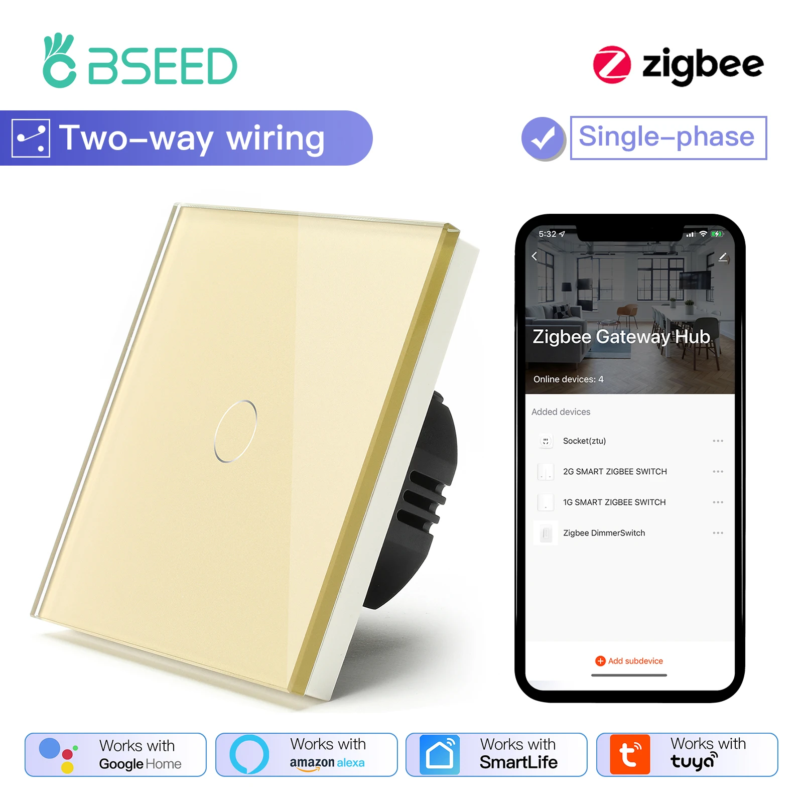 BSEED 1/2/3Gang Smart Zigbee Touch Light Switch 2-Way Control Compatible with Alexa/Google Home No Neutral Wire Touch Switch image 3