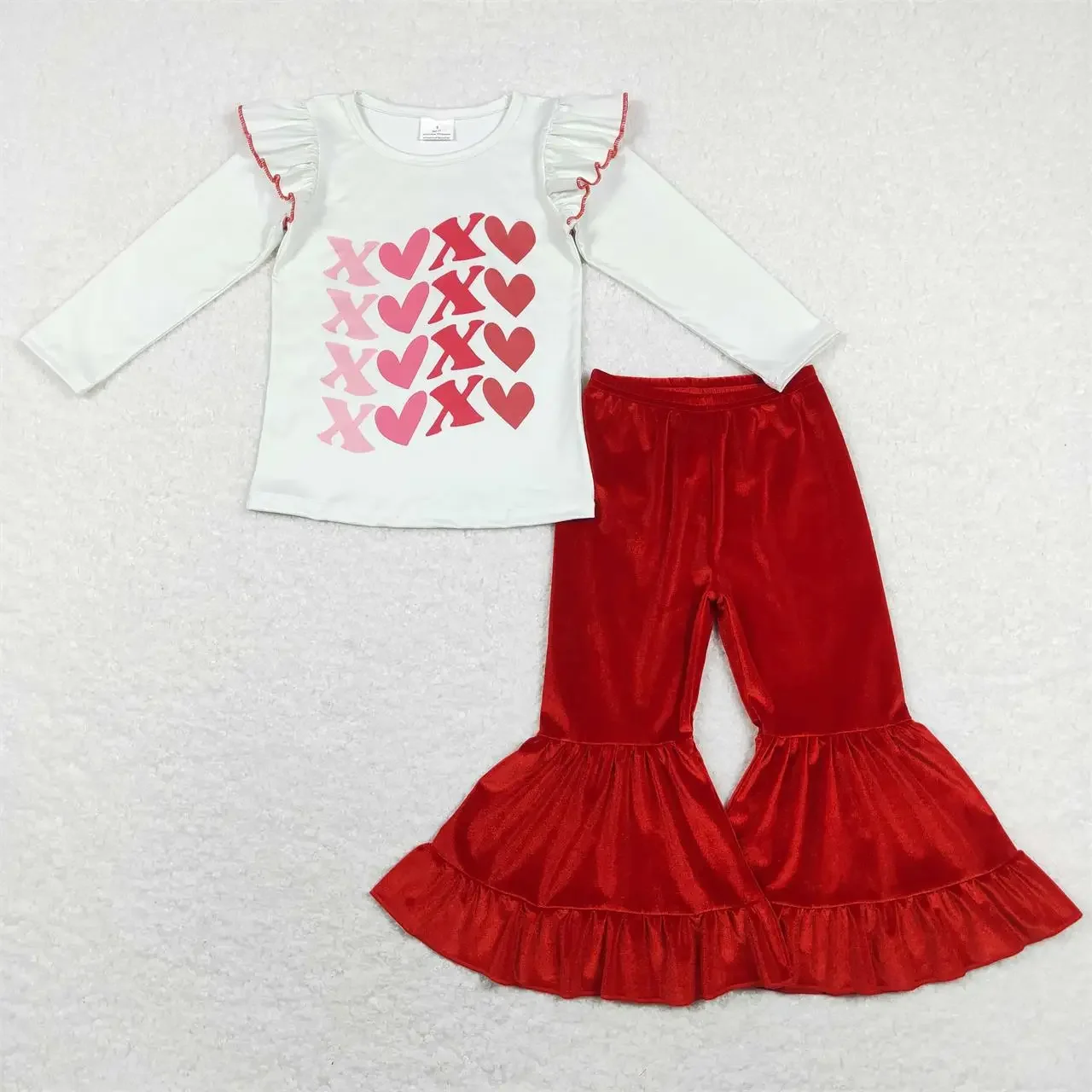 Wholesale Baby Girl light Green Long Sleeves Hearts Shirt Kid Red Velvet Bell Pants Children Set Children Valentine's Day Outfit