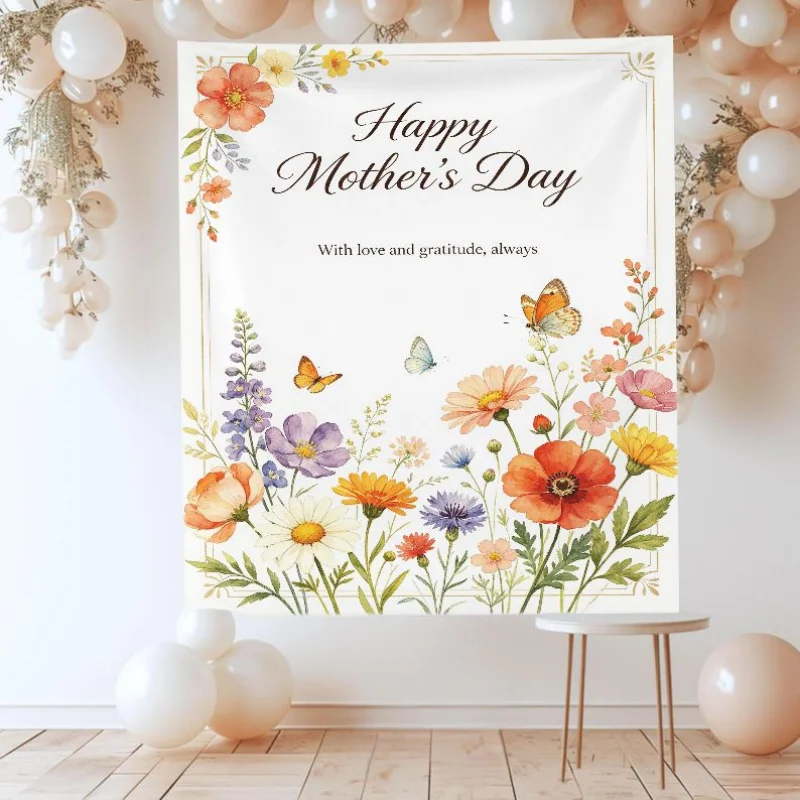 Happy Mother's Day 2026 Poppy & Butterfly Tapestry, Watercolor Wildflower Polyester Wall Decor, Gratitude Gift for Mom