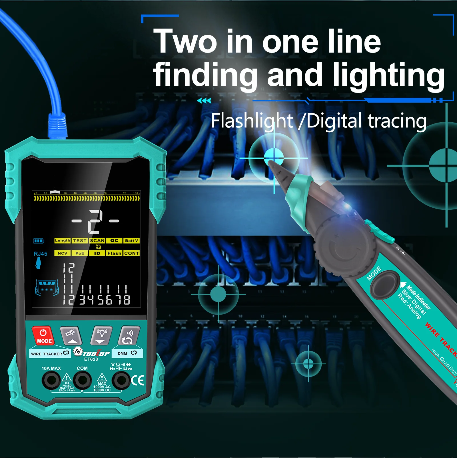 أداة مكتشف خط الشبكة الرقمية من TOOLTOP 6000 عدد متعدد 2in1 كريستال رئيس العقص RJ45 8-core قابلة للشحن كابل الشبكة المحلية تستر