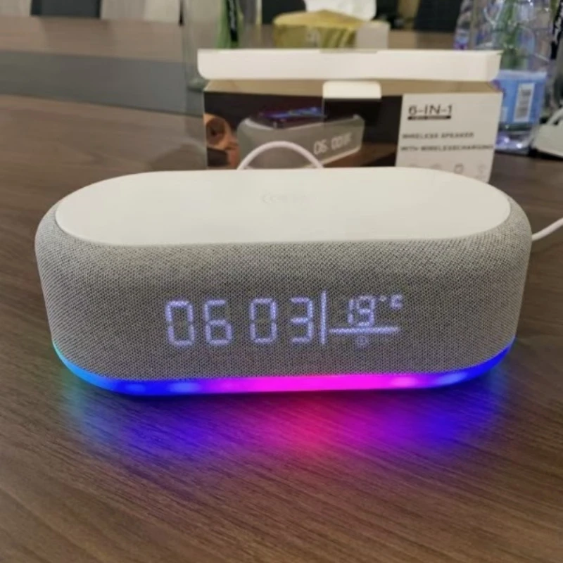 مكبرات صوت بلوتوث متعددة الوظائف بقدرة 15 وات، منبه رقمي ذكي، هاتف محمول 6 في 1، محطة شحن سريعة، شاحن لاسلكي