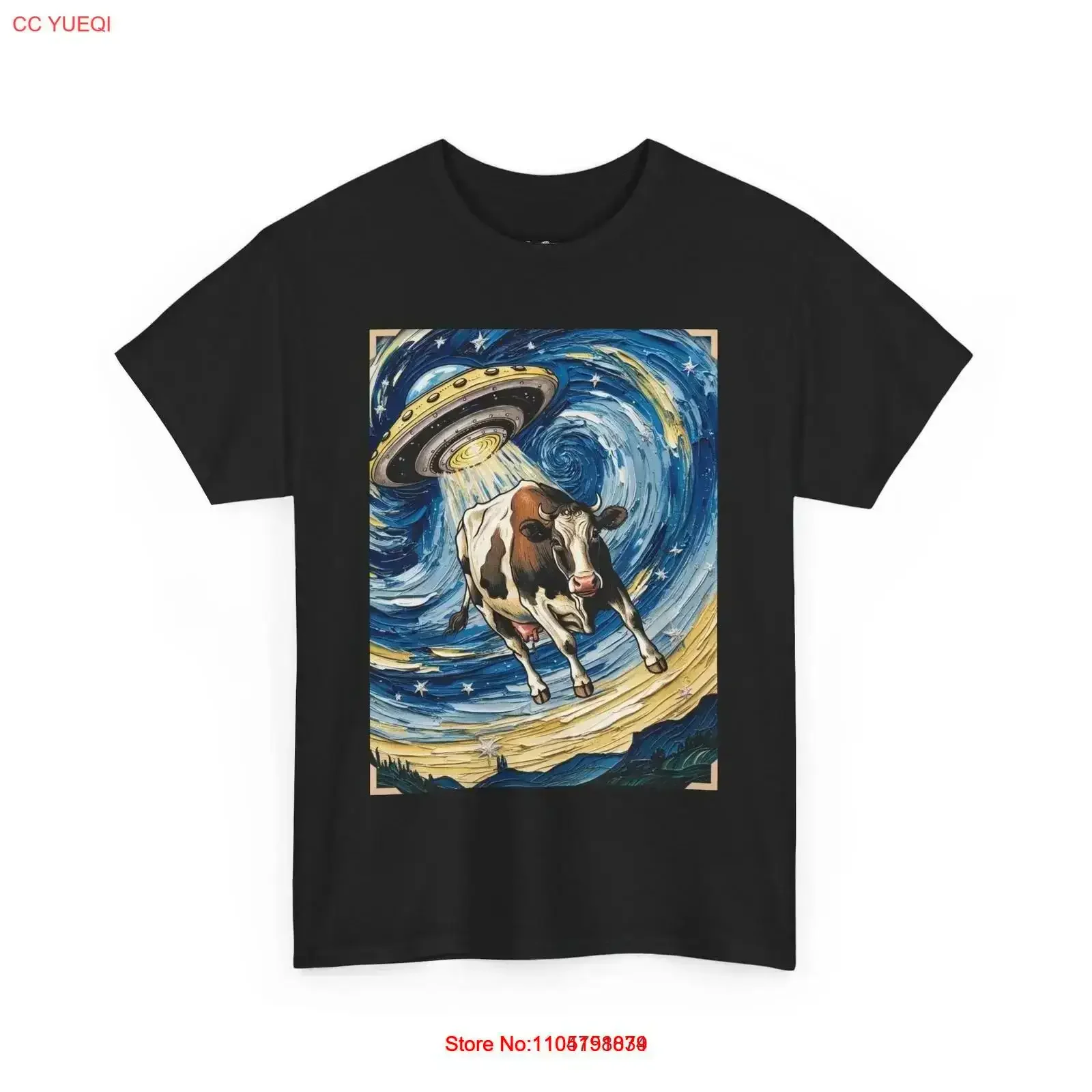 

Футболка «Звездный МОО» с изображением коровы НЛО, винтажный ночной стираный топ Ван Гога для повседневной носки, слегка универсальный винтажный стираный топ