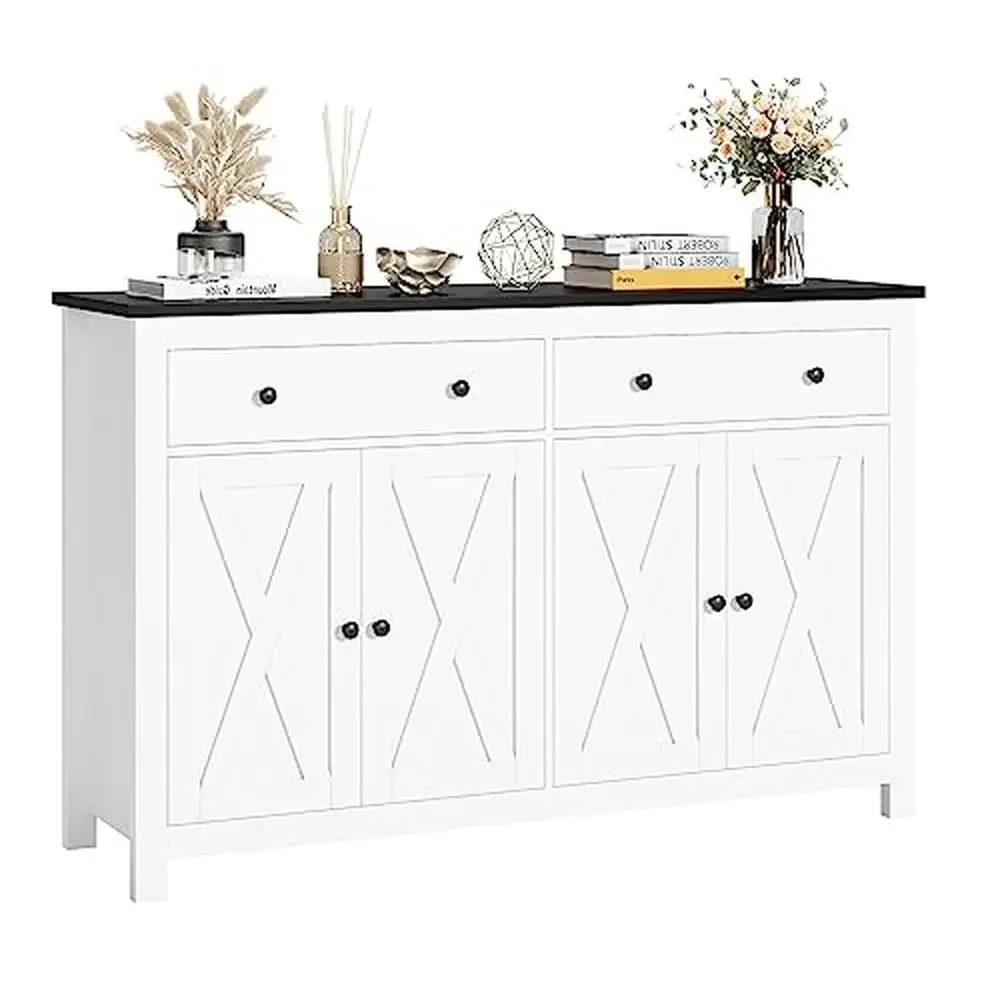 

Kitchen Buffet Cabinet 55" Large Sideboard with 2 Drawers 4 Doors Modern Black White Storage Shelf