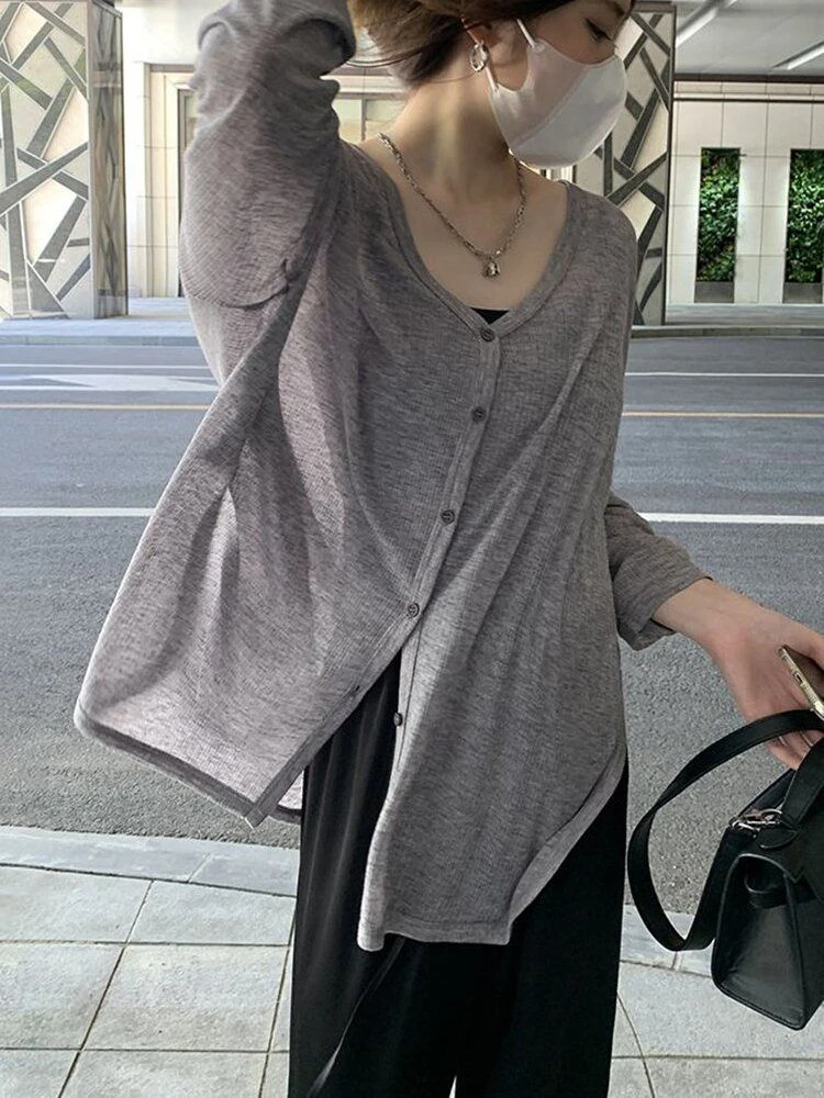 ay Thin Long Sve Open Cardigan Women's Summer New Loose Sun Protection Coat Casual Large Collar Top Polyester V-ne T-s...