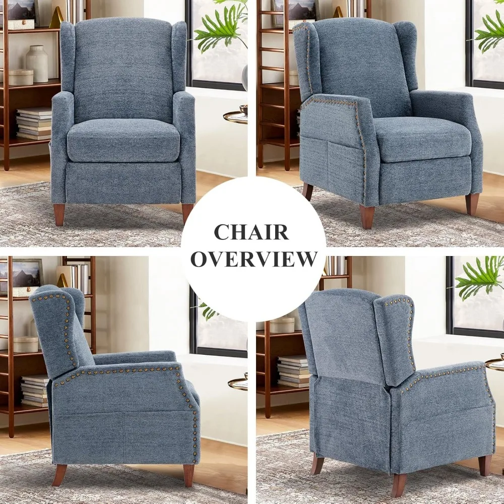 COLAMY Wingback Pushback Recliner Storage Pocket Upholstered Fabric Living Room Chair Armchair, with Wood Legs and Nailhead