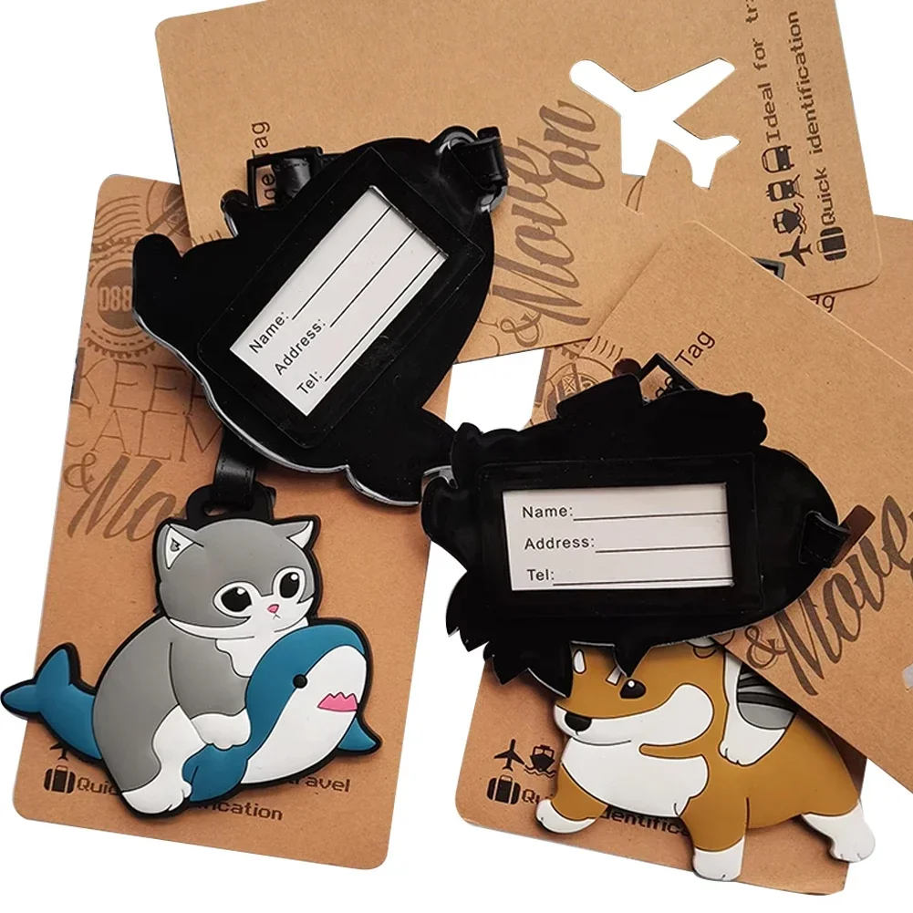 Etiqueta de equipaje con diseño de gato de tiburón Kawaii para hombres y mujeres, accesorios de viaje, etiqueta de equipaje de PVC de dibujos