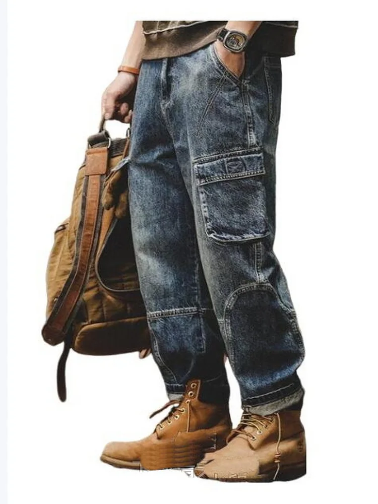 Retro jeans Men Loose Straight Leg Denim Pants, Men's Wide Leg Pants