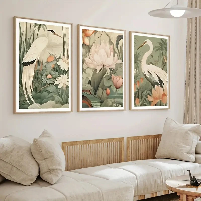 3pcs/Set Retro Tropical Jungle Gallery Wall Art, Plant  Bird Printing Lotus Printing, Canvas Posters Modern Home Room Decorat