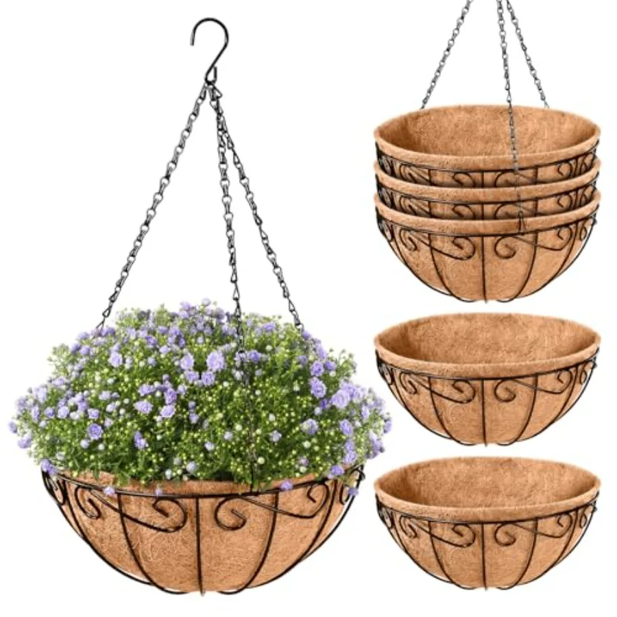 

6 Pack Metal Hanging Baskets for Plants Outdoor- Round Wire Hanging Planters Basket with Coconut Coir Liner, Hangg Flower Pot f