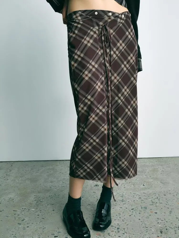 Spring New Arrival Women's Versatile Plaid Silk Me Cage Waist Contrast Color Straight f Skirt Commute Sle Midi Skirt