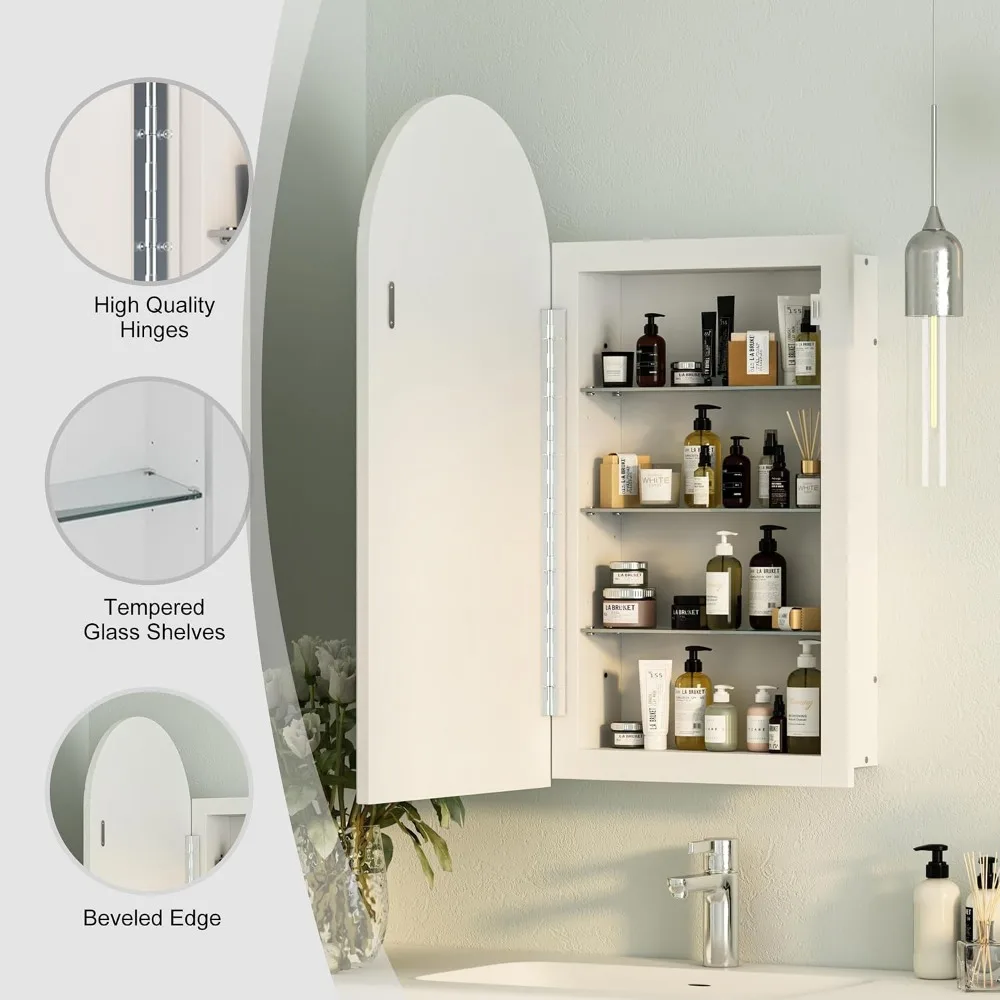 Arched Recessed Medicine Cabinet with Mirror and 3 Glass Shelves for Bathroom Wall view 4