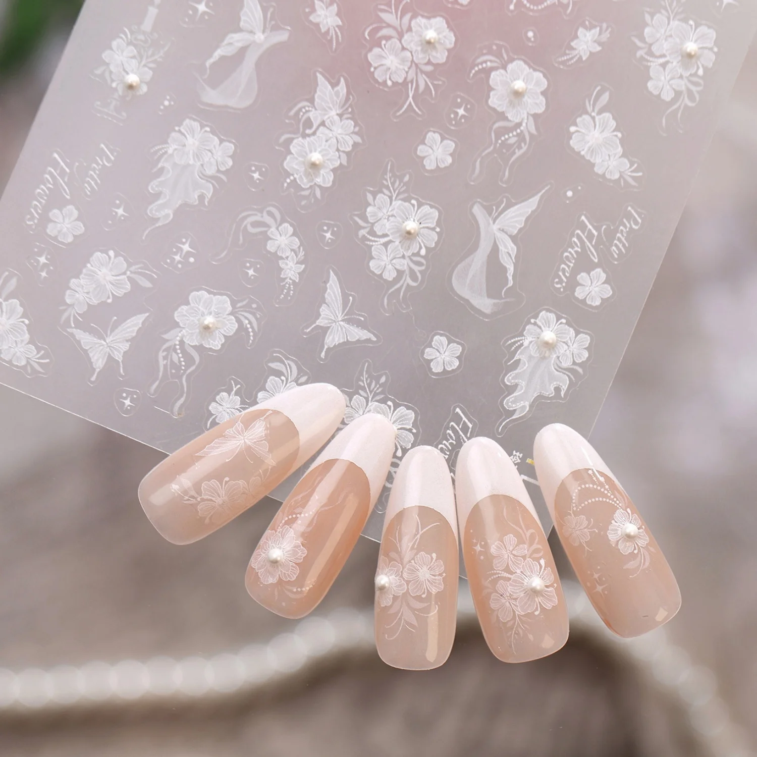 White Floral Vine Pearl Elf Wings Pretty Flowers Fairy Dream Petal 5D Nail Art Stickers Self Adhesive Decals Manicure for Women