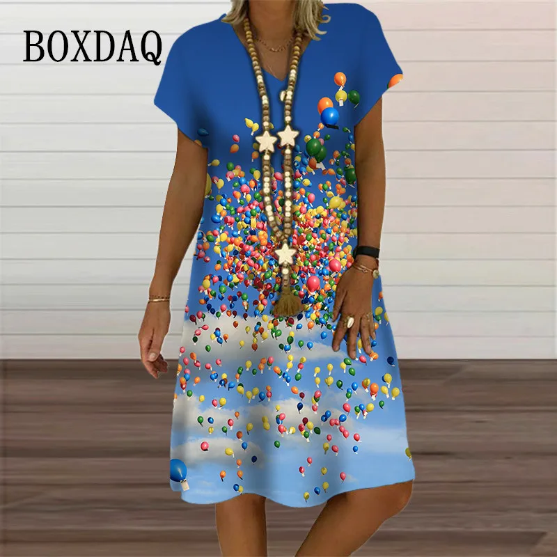 Rainbow Balloon Pattern Women Dress Elegant Sweet Casual V-Neck Short Sleeve A-Line Dress Summer Fashion Loose Oversized Dresses