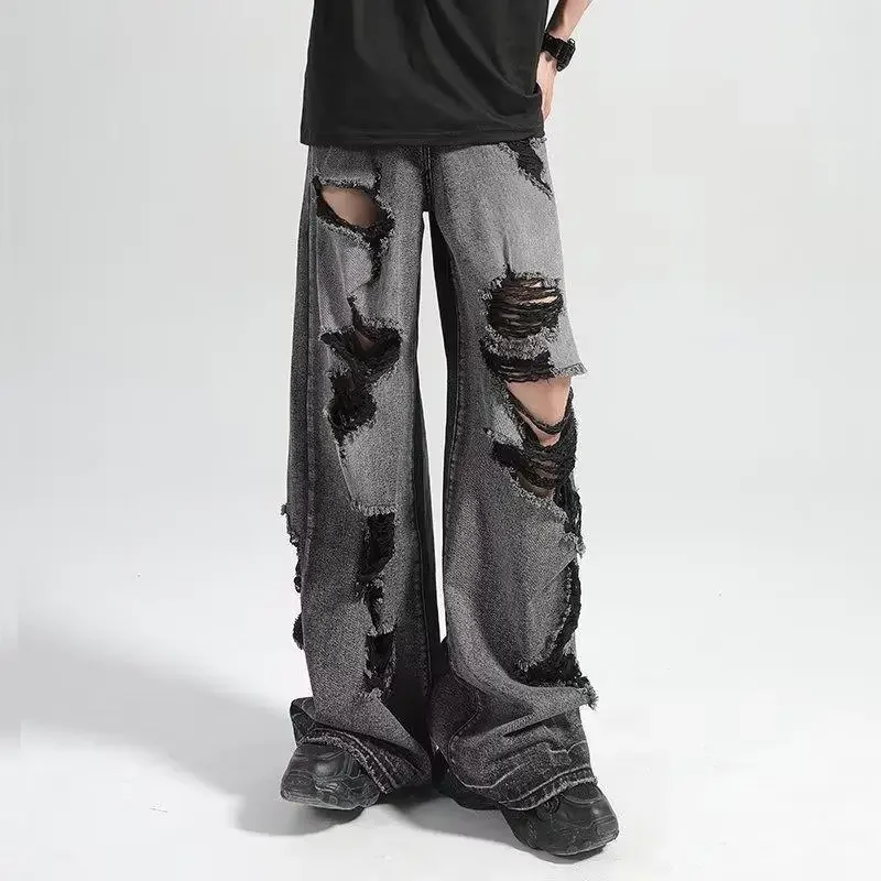 Pantalones vaqueros negros de pierna recta rasgados Vintage de estilo americano, pantalones vaqueros informales de pierna ancha con agujeros, ajuste holgado y cómodo
