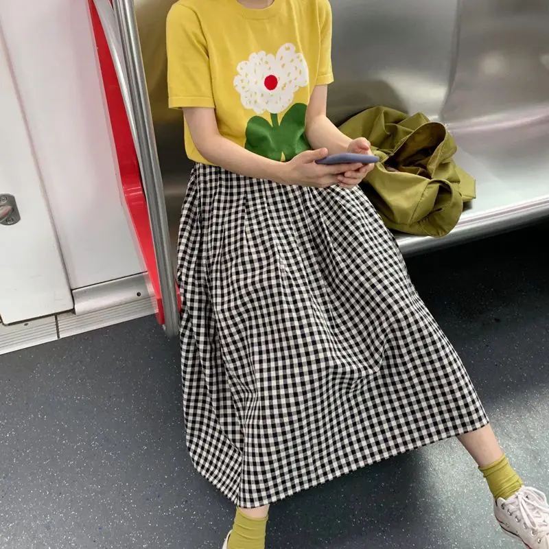 Summer Skirts Women Midi A-line Leisure Mori Girl Vintage Plaid Sweet High Waist Literary Fashion Korean Simple All-match 2023