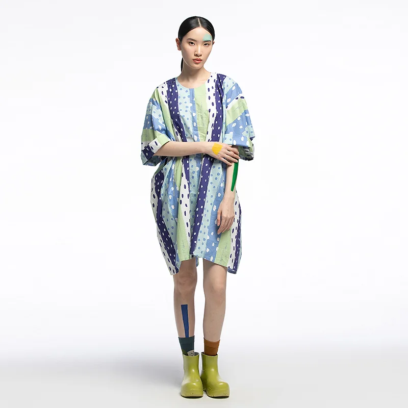 

Original Design Summer New Stripe Print round Ne Loose Overhead Midi Dr Simple Cotton Polyester Elastic Fiber Skirt