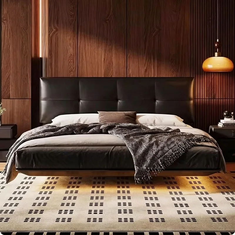 Italian minimalist leather chocolate thin bedside black minimalist high-end atmosphere master bedroom carbon steel suspended