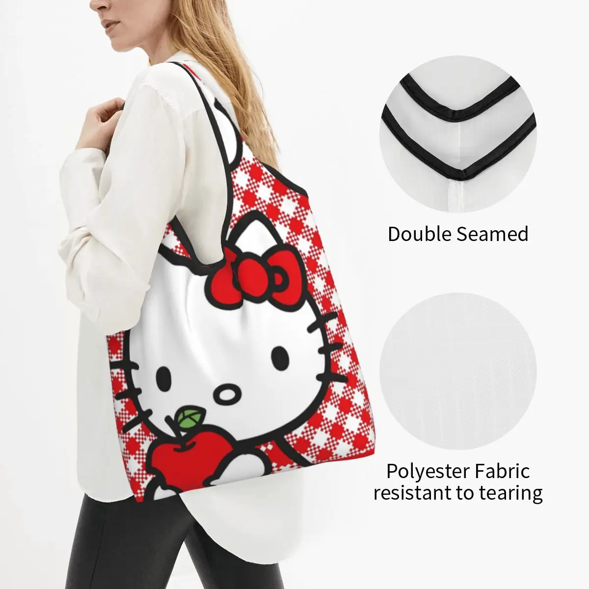 Cartoon Cute Hello Kitty Shopping Bags Foldable Grocery Tote Bags Large Capacity HelloKitty Recycling Bags Washable Handbag