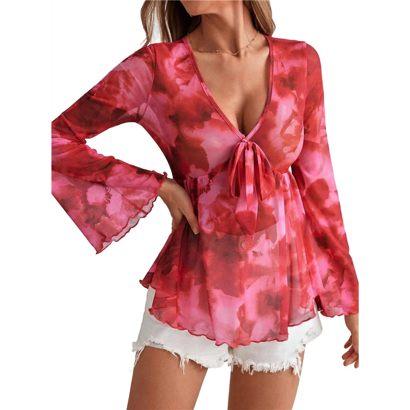 

SS-Women's Long Sleeve Floral Print Mesh Tie Front Lettuce Trim Tee Shirt Top