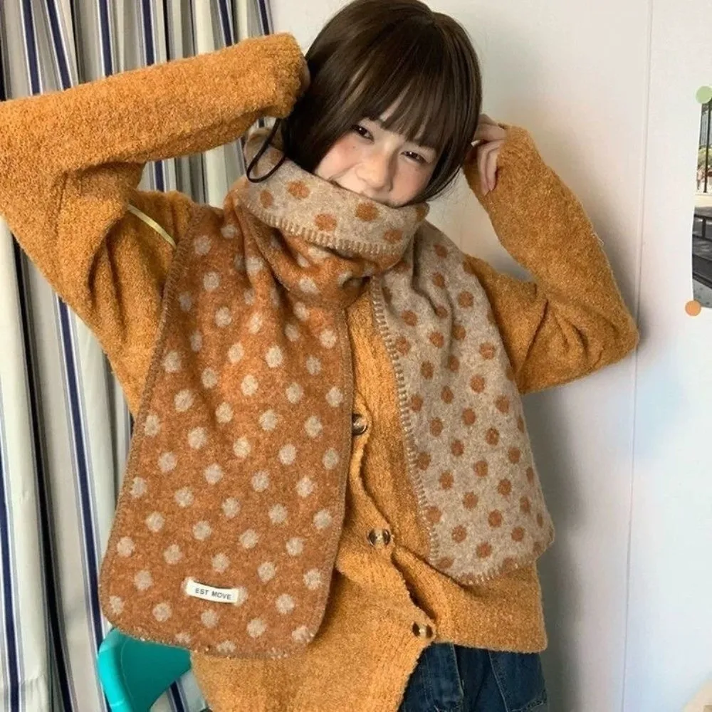 Retro Color-Block Polka Dot Scarf Lightweight Korean Style Winter Shawl Double-Sided Windproof Wool Scarf Autumn Winter