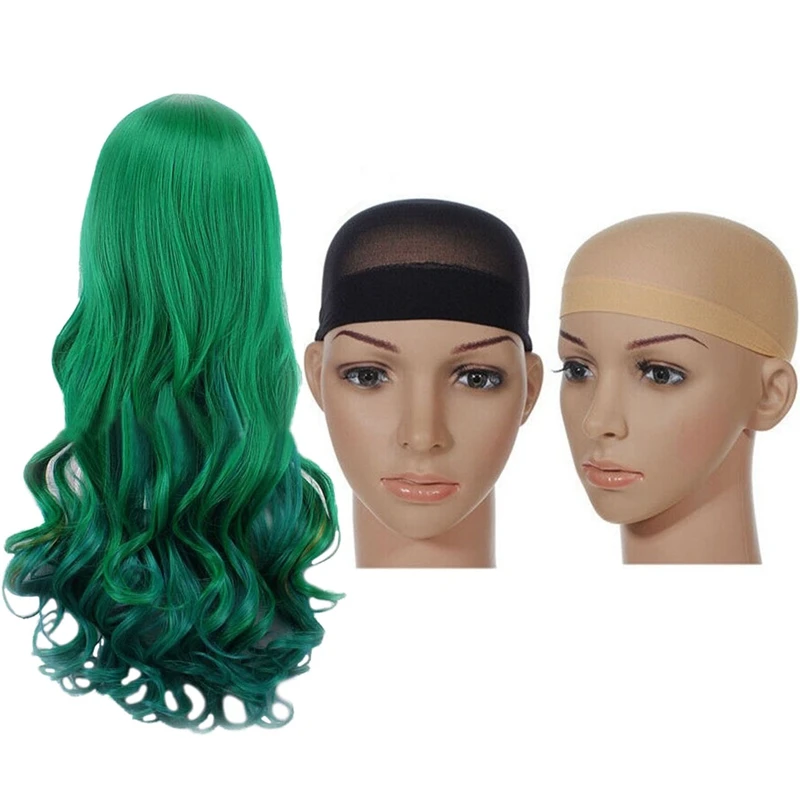 

2X Deluxe Wig Cap Hair Net For Weave Hair Wig Nets Stretch Mesh Wig Cap (Skin Tone) & 1X Dark Green Lady Wig Dark Green Long Cur