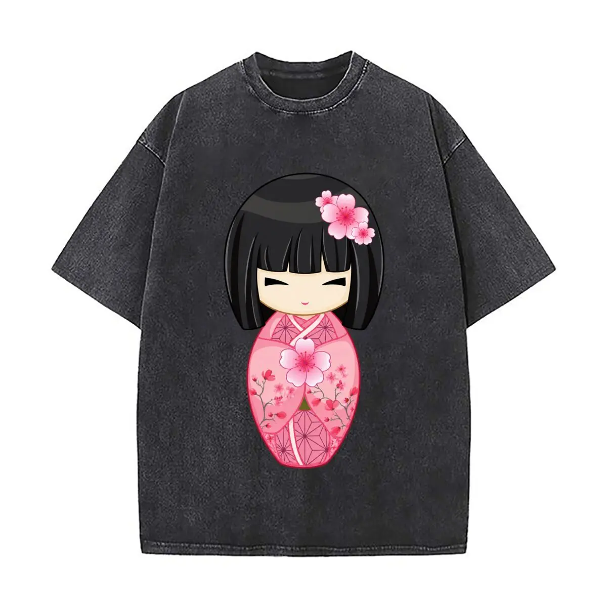 Cherry Blossom Geisha Japanese Kokeshi Doll Pink Kimono Sakura Flower Vintage Distressed Loose Streetwear Tops