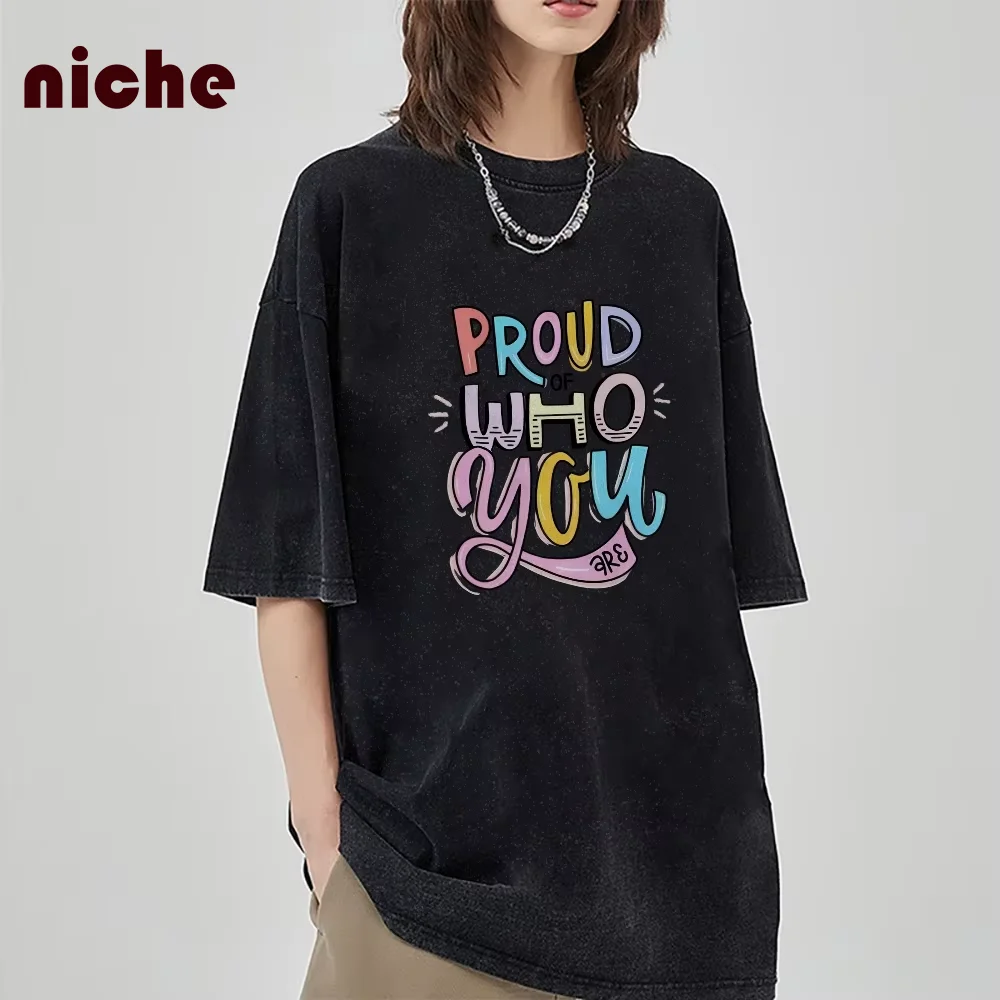 

Color Cartoon Letter Graphic Printing T-Shirt High Quality Washed Old Fabric Loose Pullover Round Neck Chic Trend Short Sleeves