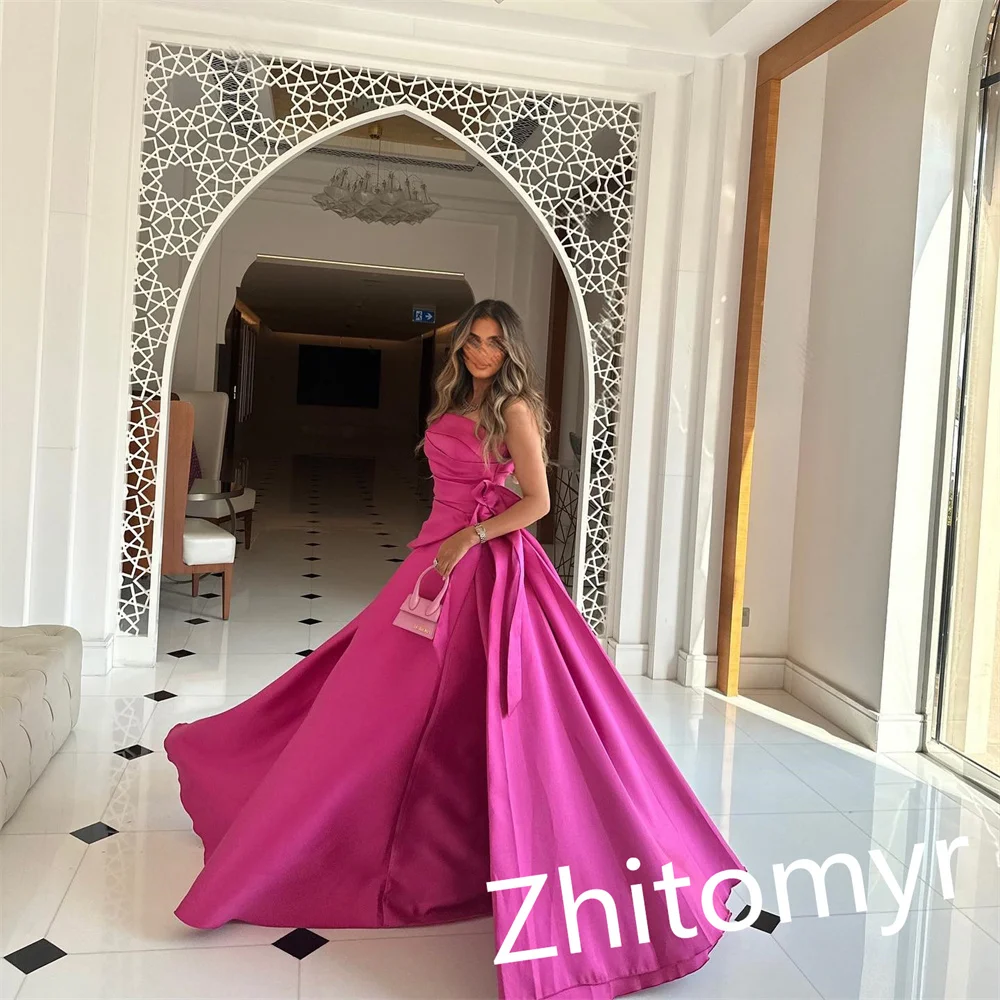 Simple High Quality Strapless A-line Floor Length Prom Dresses Formal Ocassion Gown Bowknot Satin evening gown for women elegant