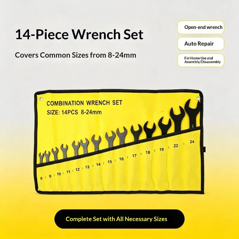 14 Pieces Ultra-thin Combination Wrench (Open-end + Box-end), Wide-opening, 8–24mm, Slim-profile Wrench