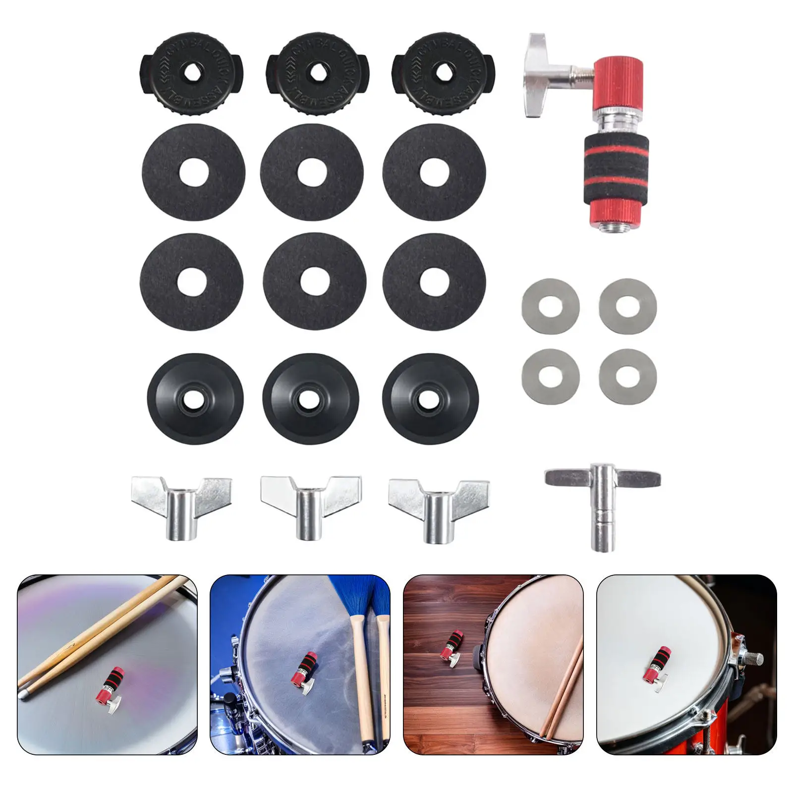 

21Pcs Drum Accessory Kit Cymbal Felt Pads Clutch Washer Set Hi-Hat Clutch Pad Drum Key T-Shape Cymbal Sleeve Washers Universal