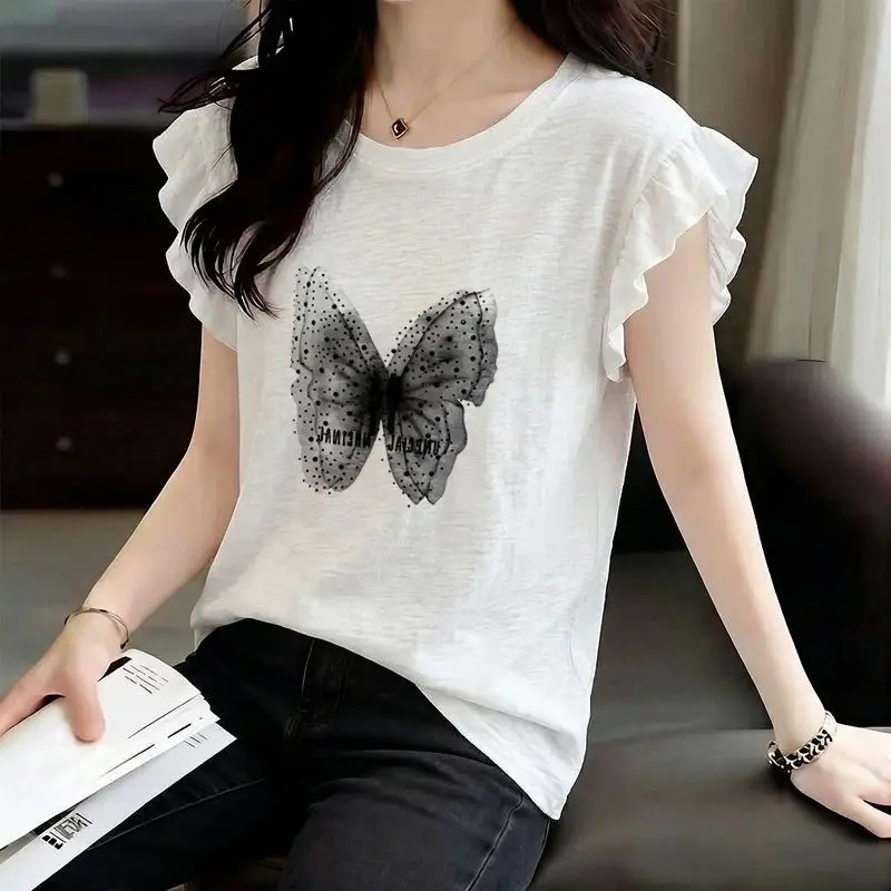 Black Butterfly Print T-Shirt with Ruffled Short Sleeves Loose Fit Casual Women Top Summer Wear