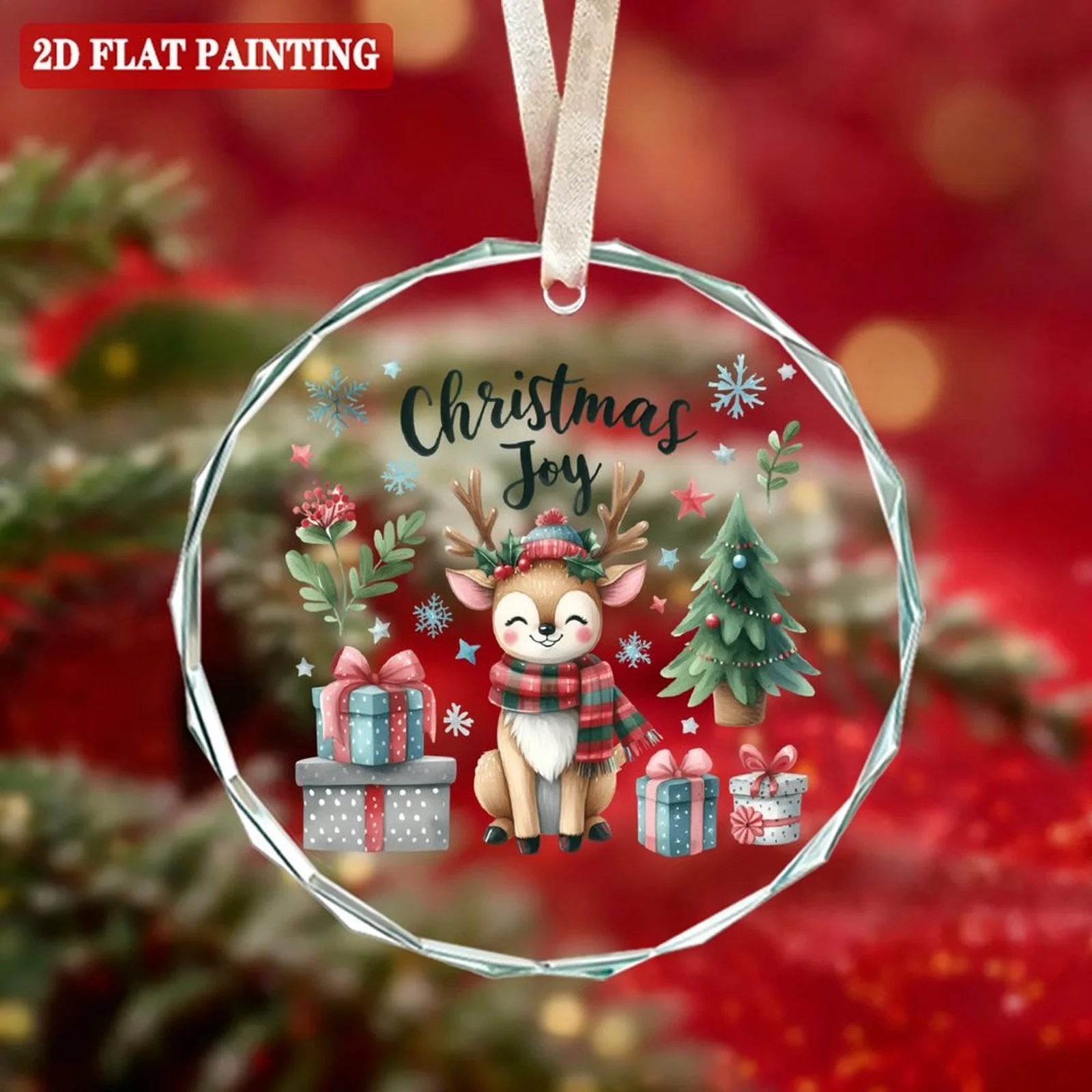 

2D flat, 1 piece of vintage 3-inch round crystal glass ornament with gold ribbon ring - glass Christmas tree topper,