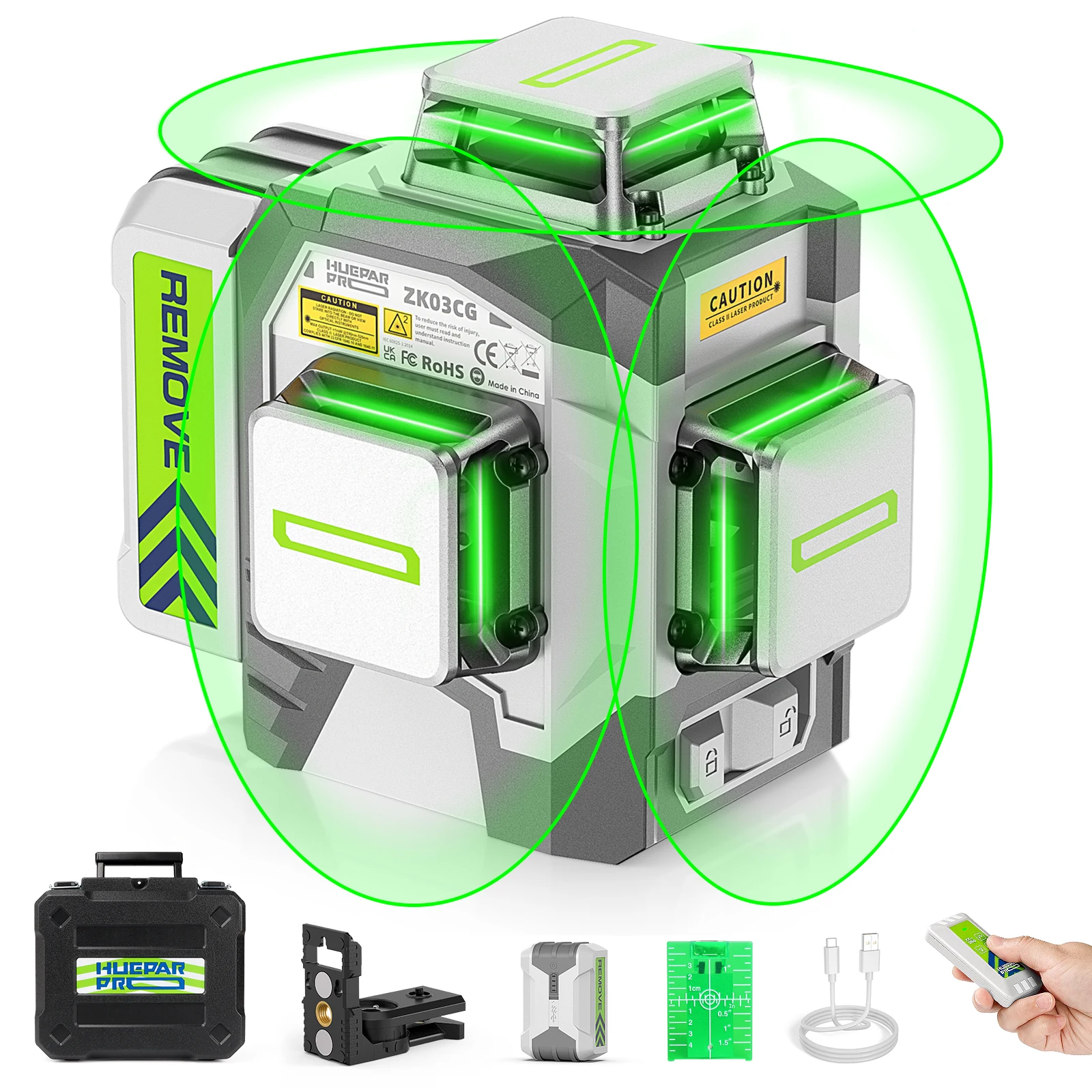 Huepar ZK03CG-L Laser-Wasserwaage mit 12 Kreuzlinien, hohe Genauigkeit ±2 mm/10 m, selbstnivellierende Werkzeuge und 8000 mAh Li-Ionen-Akku und Fernbedienung