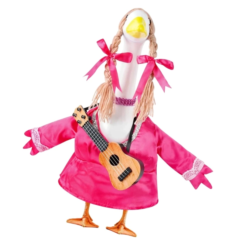 Dreiteiliges Musiker-Kostümset für bestehende Gartenvogelstatue mit Kleid, hellgoldenem Haarteil und Minigitarre 3XUF – Detail 1