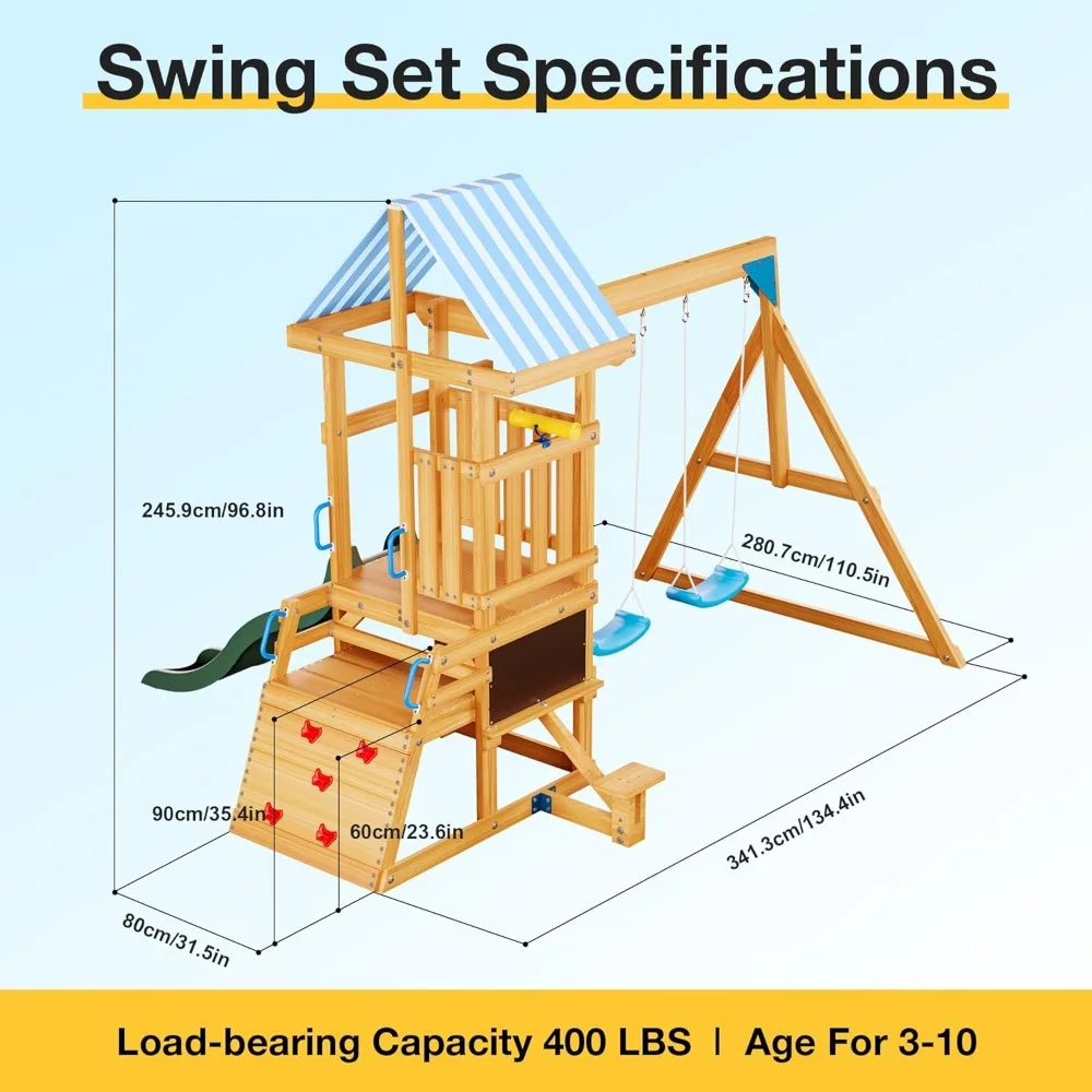 Wooden Swing Set for Backyard for Toddlers, All-in-One Kids Outdoor Play Equipment with Swings, Slide, Climbing Rope Ladder