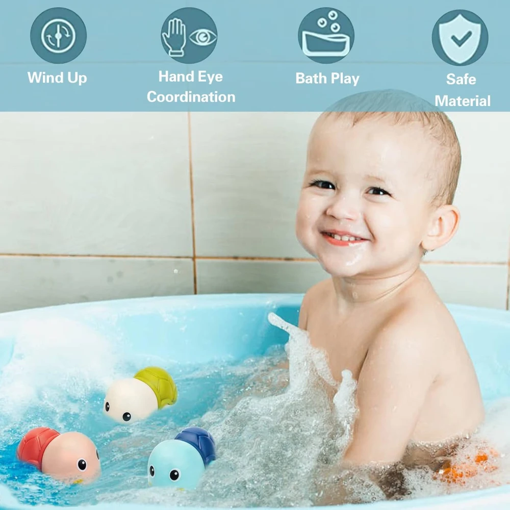 Juguetes de baño para bebés recién nacidos, tortuga con mecanismo de relojería, bañera infantil, juguetes de agua, juguetes de piscina para niños pequeños en edad preescolar, paquete de 4