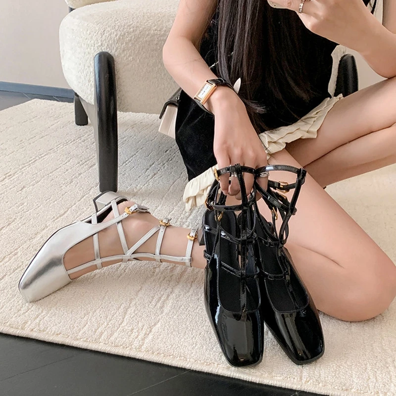 

Women's new leather, cowhide, square toe, metal elastic belt buckle, mid heel Roman shoes, fashionable single shoes