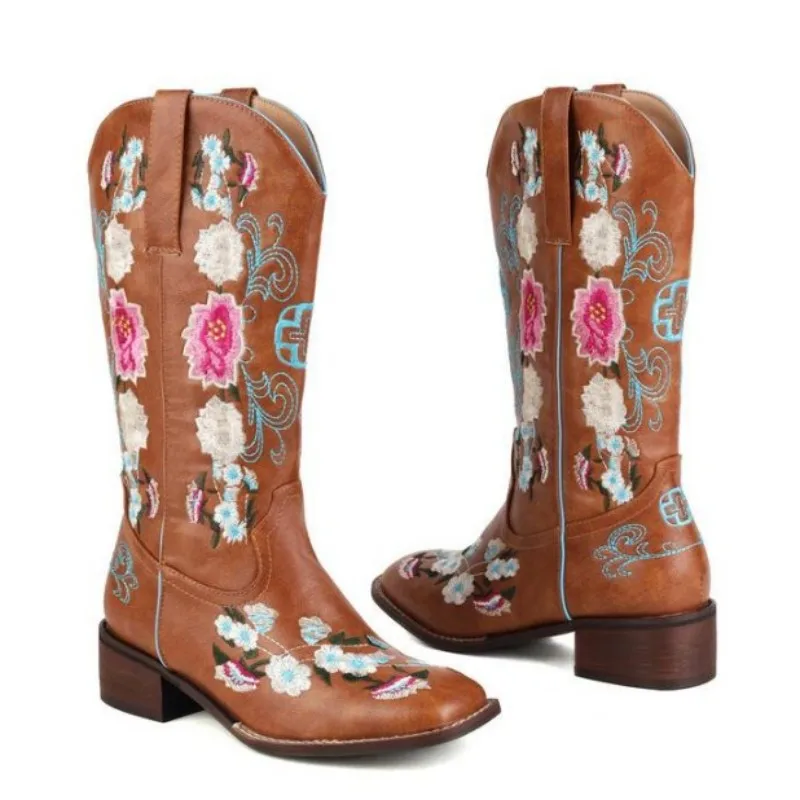 

Fashionable women's boots. Approximately 4cm heel height. Mid calf boots for women. Embroidered boots. Low heeled boots. Brown