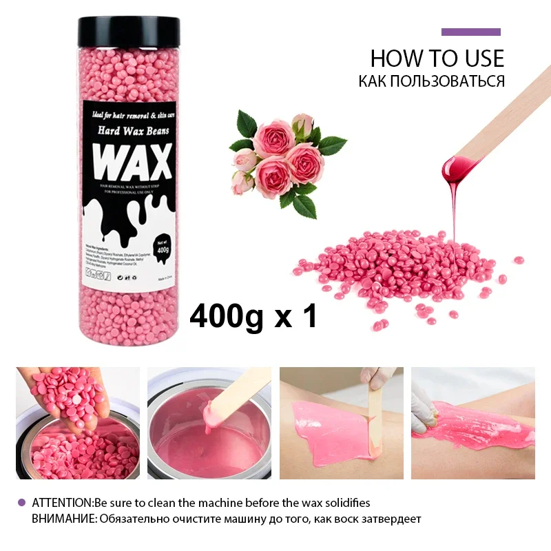 Rose Scent 400g Hard Wax Beans Home Salon Hair Removal Wax Beads No Strip Hot Film Wax for Bikini Leg Body & Wax Melting Pot Use
