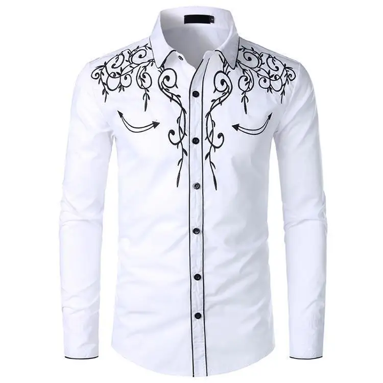 

Men's Fashionable Printed Embroidered Shirt Western Style Crossbody Standard Fit Short Sleeve Machine Washable Thickened Cotton