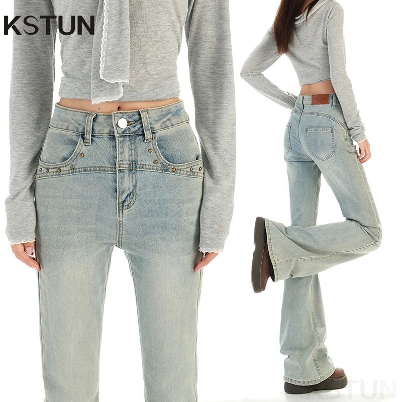 

KSTUN 2026 Spring Vintage Slim Skinny Bell-Bottom Jeans For Women High-waisted Flared Pants Patchwork Rivets Design Chic Jeans