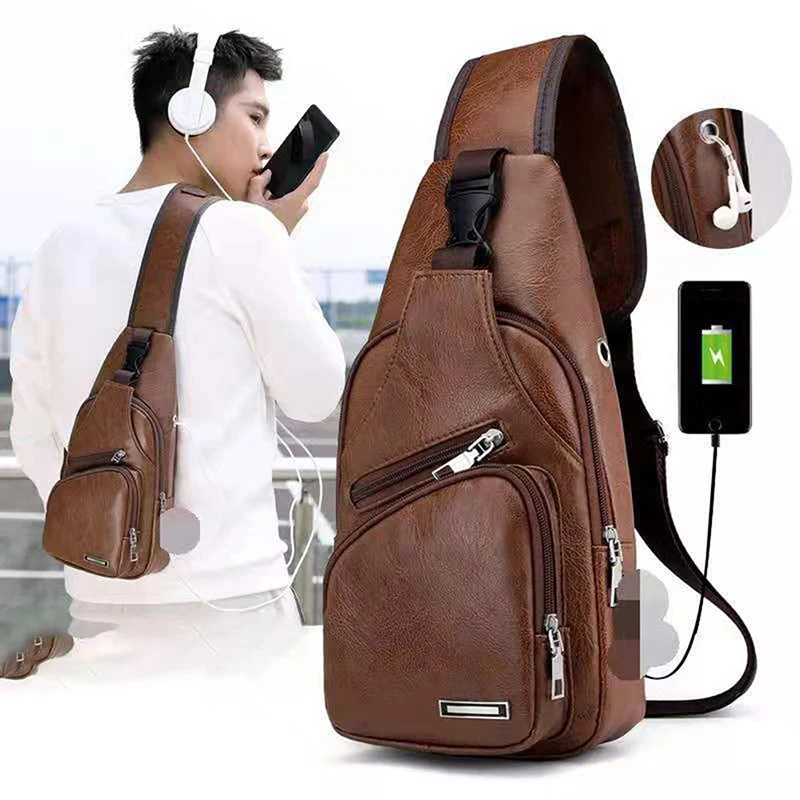 Men Chest Bag Pu Leather Outdoor Waterproof With USB Charging Earphone Hole Fashion Messenger Shoulder Bag For Male