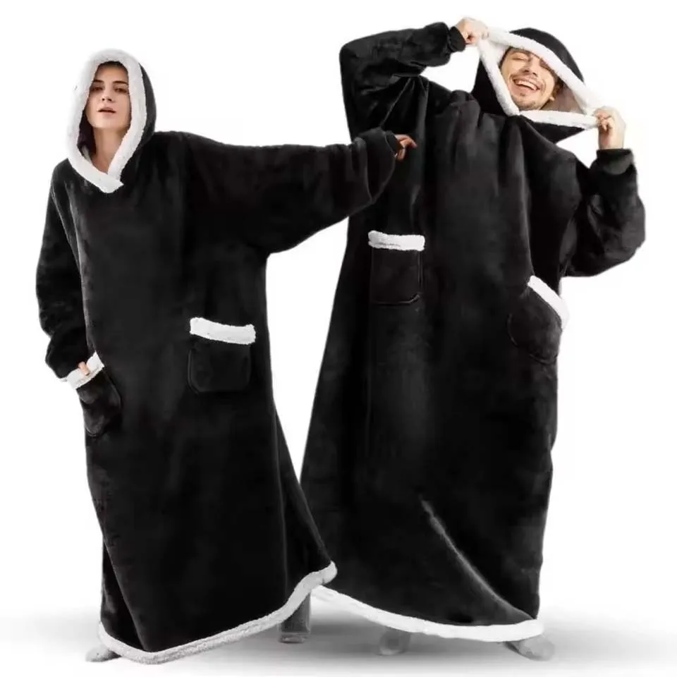 180cm Super Long Flannel Blanket Pyjamas with Sleeves Winter Hoodies Sweatshirt Women Men Pullover Fleece Giant Oversized Outdoo