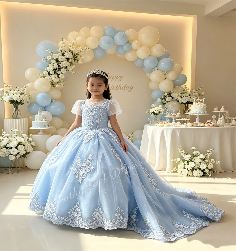 Kids Pageant Dresses 2026 Light Blue Transparent Short Sleeved Trailing Lace Embroidery Birthday Party Suitable for Children