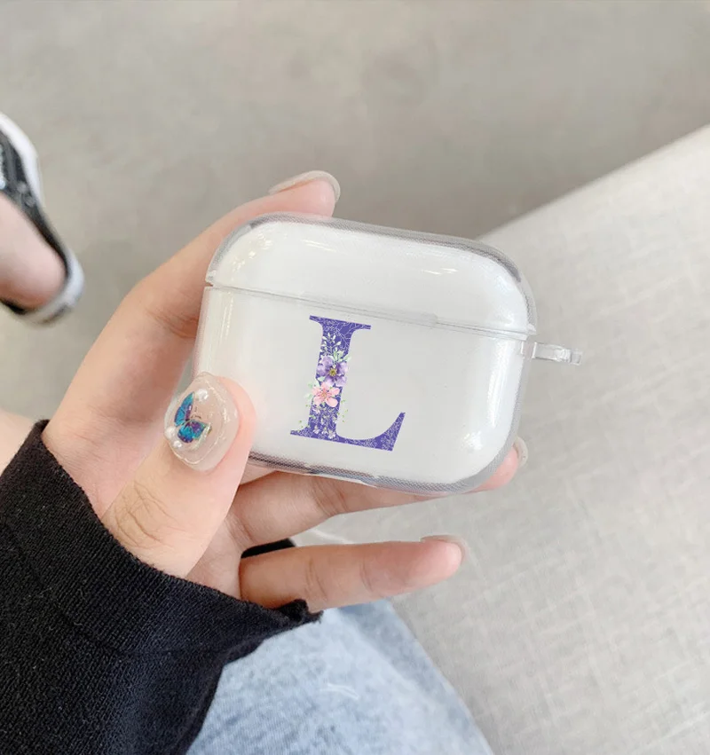 2022จดหมายเริ่มต้นหูฟังสำหรับ Airpods 3rd Gen Retro ดอกไม้สีม่วง Soft Clear หูฟังสำหรับ Airpods 1 2 Pro กระเป๋า